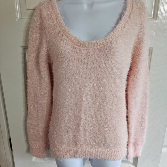 Wet Seal Women’s Large Fuzzy Pink Sweater Scoop Neck Soft Y2K Coquette Preppy - Picture 2 of 6